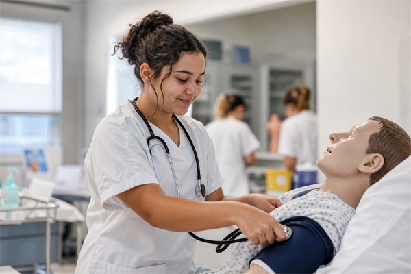 Élève de lycée professionnel en blouse blanche lors d'un travail pratique en salle de soins